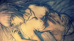 Woman beds anime girls bra lying down panties artwork