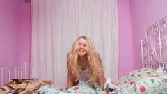 Woman beds bedroom blondes pajamas smiling models teen ella 