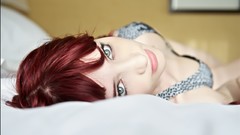 Woman beds faces blue eyes upside down susan coffey redheads