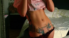 Woman beds Flipped tattoos models mirrors panties pierced navel 