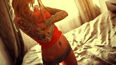 Woman beds legs blondes tattoos sunlight phonograph piercings 
