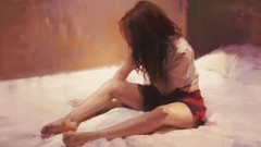Woman beds legs long hair brunettes artwork digital art