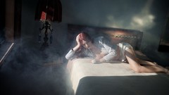 Woman beds legs models lying down redheads no bra open shirt