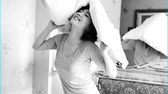 Woman beds monochrome asians pillows smiling models mirrors