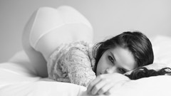Woman beds monochrome brunettes panties