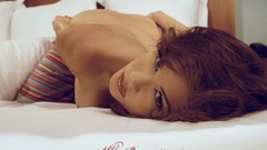 Woman beds stripes models boobs Alley Baggett