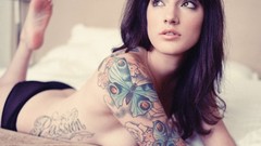 Woman beds tattoos brunettes nude panties no bra topless El Wood