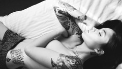 Woman beds tattoos brunettes panties grayscale topless