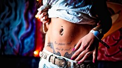 Woman belly tattoos pierced navel Fedor Shmidt