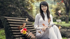 Woman bench asians brunettes