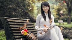 Woman bench asians brunettes white dress bangs vietnamese depth 