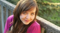 Woman bench faces smiling green eyes brunettes teen Vika Sokol