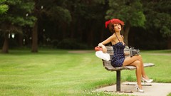 Woman bench hats outdoors break