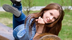 Woman bench jeans outdoors smiling brunettes models lying down 