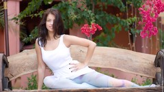 Woman bench outdoors brunettes white dress leggings Inez