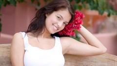 Woman bench outdoors brunettes white dress leggings Inez