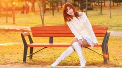 Woman bench sitting asians brunettes orange background Korean 