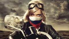 Woman biker Jessica Alba Russians Russian flags