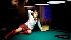 Woman billiards Tables skirts checkered knee socks striped 