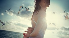 Woman Birds Beaches brunettes