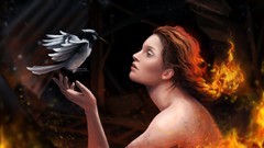 Woman Birds flames fan art bare shoulders artwork the hunger 