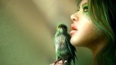 Woman Birds green hair fantasy art realistic