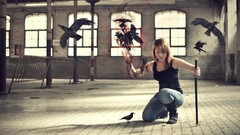 Woman Birds Katana Swords brunettes crows swordsman