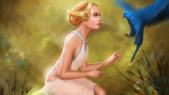 Woman Birds sitting artwork fantasy art no bra