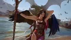 Woman Birds wings Dragons Beaches fantasy art
