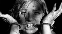 Woman black background faces handcuffs blondes biting models 