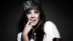 Woman black background hats Russian long hair brunettes models 