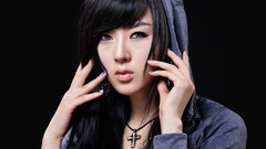Woman black background hoodies asians long hair models Korean 