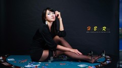 Woman black background sitting legs asians long hair models 