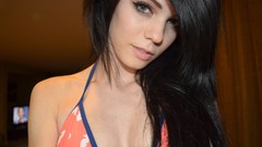 Woman black hair bikini top