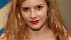 Woman blondes blue eyes red lipstick Rachel Hurd Wood