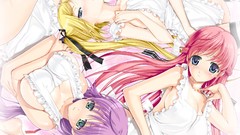 Woman blondes blush anime girls green eyes purple hair redheads 