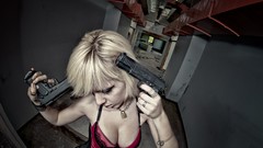 Woman blondes cleavage girls with guns