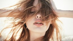 Woman blondes closed eyes hands on head Nastassia Lindes