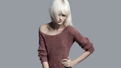 Woman blondes closed eyes models bare shoulders grey background 