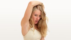 Woman blondes long hair blue eyes models ella arms raised tight 