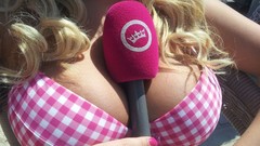 Woman blondes microphones bikini boobs