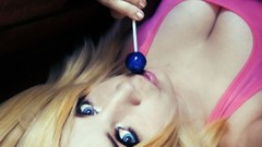 Woman blondes models cleavage cosplay boobs lollipops