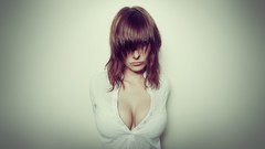 Woman blondes models cleavage Simple Background hair in face 