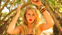 Woman blondes models red lipstick