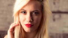 Woman blondes models red lipstick