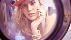 Woman blondes models washing machine
