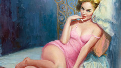 Woman blondes pinups fingers on lips