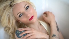 Woman blondes red lipstick