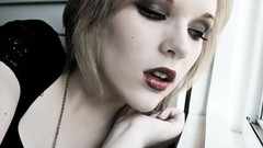 Woman blondes red lipstick