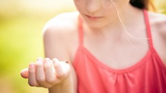 Woman blondes red top